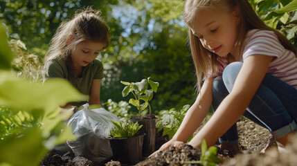 Girls, planting flowers for gardening and growth in outdoor garden with care, or project. Children, and team working outdoors for nature, environment and eco-friendly school, program
