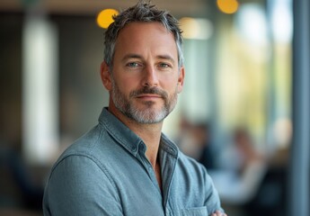 Fototapeta premium Confident middle-aged man in casual gray shirt, standing with arms crossed, smiling softly, looking directly at camera in bright modern office environment, soft bokeh background