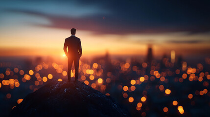 Obraz premium businessman stands on mountain peak at sunset, gazing at vibrant city skyline illuminated by glowing lights, evoking ambition and determination