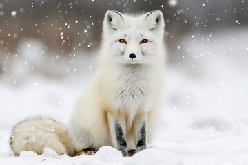 Obraz premium Sitting white fox in falling snow with sharp gaze and fluffy tail.