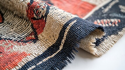 Close-up of rolled textured fabric with red and black patterns.