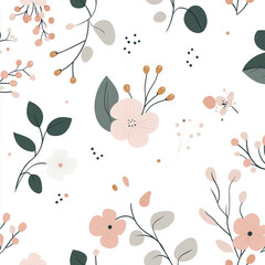 Seamless floral pattern with soft pastel leaves and flowers