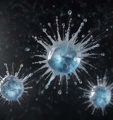 Obraz premium Explosion of sparkling water droplets frozen in mid-air against a dark background, frozen moment, frosty atmosphere, vibrant colors