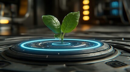 Green Sprout Emerging from Futuristic Technology in a Sci-Fi Laboratory Environment