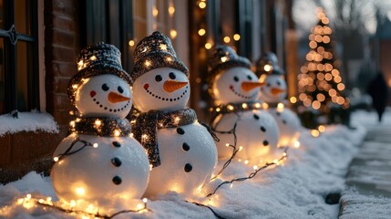 Smiling snowmen decorated with scarves and hats, glowing holiday lights, snowy yard, cheerful festive decorations, winter charm, Christmas joy, cozy neighborhood scene, celebration.