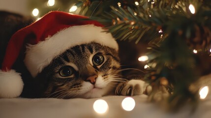 Adorable cat wearing a Santa hat lying under a Christmas tree with twinkling lights, festive spirit