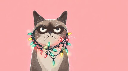 Grumpy cat wearing colorful christmas lights, looking annoyed against a pink background, creating a humorous vibe perfect for holiday cards and festive decorations