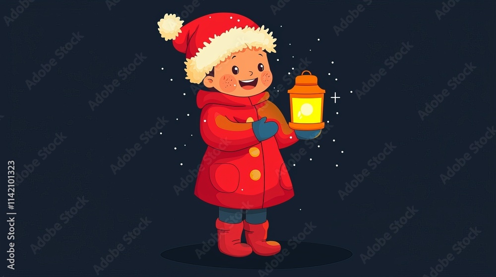 Canvas Prints Happy child wearing santa hat and winter clothes holding glowing lantern celebrating christmas eve during a snowy night, colorful cartoon illustration