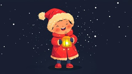 Fototapeta premium Smiling child wearing winter clothes and santa hat holding glowing lantern celebrating christmas eve under snowfall at night, festive illustration