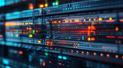 Fototapeta premium A close-up view of a data center with illuminated servers, showcasing vibrant lights and intricate wiring used for data processing and storage.