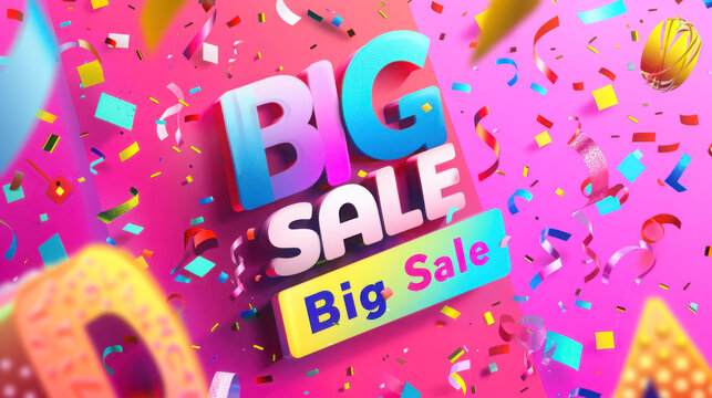 Eye catching big sale banner with bright colors and confetti for retail marketing