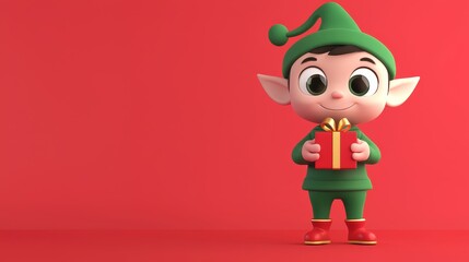 Cute cartoon christmas elf holding a wrapped red gift with a golden ribbon on a plain red background, perfect for holiday greetings and festive projects