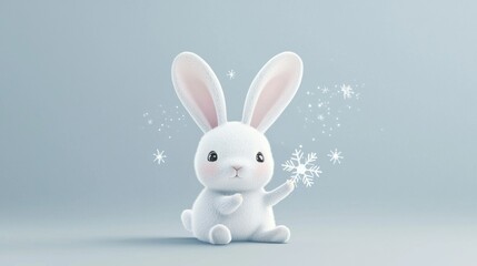 Fototapeta premium Charming 3d rendering features a fluffy white bunny holding a delicate snowflake, surrounded by sparkling snowflakes on a soft blue background, evoking a magical winter wonderland