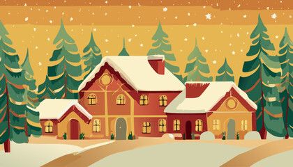 Winter landscape with a cozy house and fir trees. Vector illustration.