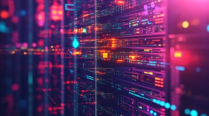 A vibrant, abstract representation of data storage, showcasing illuminated servers with colorful lights and a futuristic technology theme.
