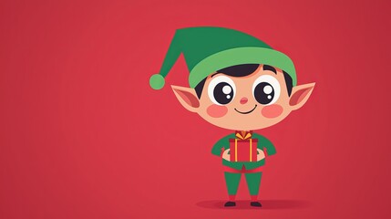 Cute christmas elf holding a wrapped gift with a golden ribbon, smiling on a festive red background, perfect for holiday greetings and festive projects