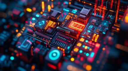 Obraz premium A vibrant close-up of a circuit board featuring illuminated components, showcasing intricate details in a high-tech design.