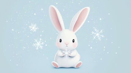 Adorable white bunny holding a delicate snowflake while gentle snowflakes fall softly around, creating a whimsical winter scene filled with magic and joy