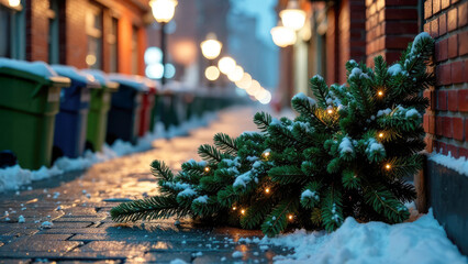 Recycling New Year's tree after celebrations and festivities thrown outside in a dumpster. Blurry background. Holiday Christmas cleanup, garbage disposal