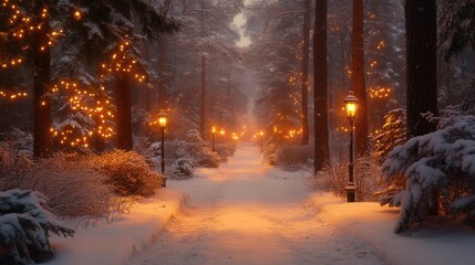 Snowy forest pathway illuminated by glowing orange lanterns, serene evening, festive holiday lights, magical seasonal charm, peaceful winter atmosphere, Christmas scenery.