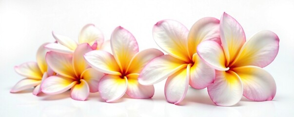 Naklejka premium Delicate frangipani plumeria flowers in full bloom on a white background, showcasing their intricate details, floral, frangipani, botanical