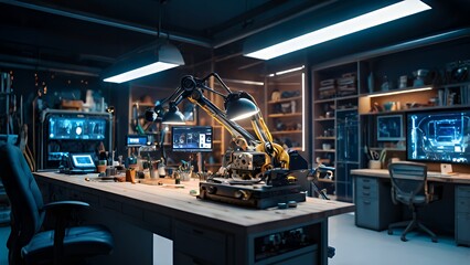 Naklejka premium A futuristic hobby workshop with AI-powered robotic arms building a model spaceship, holographic blueprints, and sleek furniture, emphasizing innovation and creativity. 