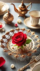 Single Red Rose on Elegant Dish
