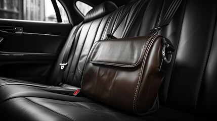 Fototapeta premium Brown leather bag resting on black leather car seat
