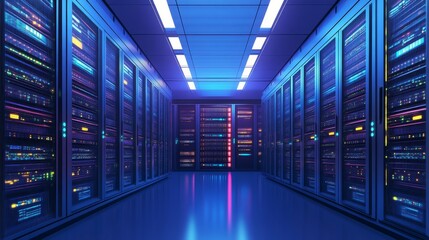 A high-tech server room illuminated with blue lighting, showcasing rows of servers and a sleek, modern design.