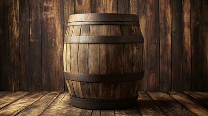 Wooden barrel on a rustic wooden background.