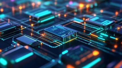 A vibrant close-up of a circuit board showcasing intricate patterns, glowing components, and modern technology.
