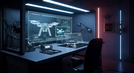 A futuristic drone-building workshop with holographic blueprints, AI optimizing designs, and LED-lit tools on a sleek workstation highlighting precision and creativity.

