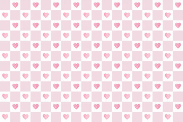 ピンクのハートとチェックタイル柄のシームレスパターン背景