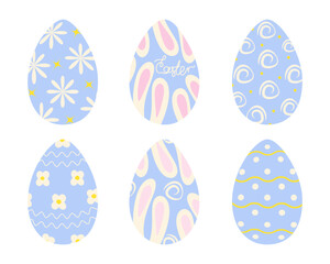 Easter eggs decorated different hand drawn patterns flowers, dots, wave lines and lettering Set 6