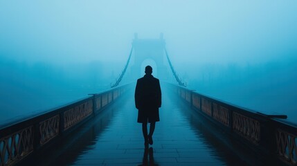 Fototapeta premium Depression and sadness diagnosis, A solitary figure walks along a misty bridge, enveloped in a blue haze, creating a mysterious and contemplative atmosphere.