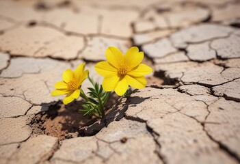 A small yellow flower grows through the cracks of a parched and barren desert floor , desolate, groundcover, desert terrain