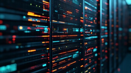 A visually striking close-up of a data center, showcasing illuminated server racks with vibrant lines of data flowing through.