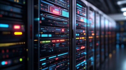 A high-tech server room with illuminated racks displaying colorful lights, showcasing advanced data storage and network capabilities.