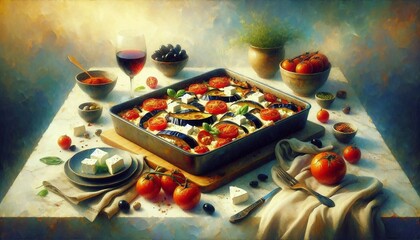 Colorful roasted vegetables and quinoa artfully arranged in a baking dish surrounded by fresh produce on a bright kitchen counter.	