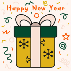 Colored drawn gift with stroke. Decorative New Year's object. Surprise gift box.