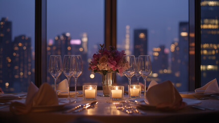 Romantic candlelit dinner table with city skyline view