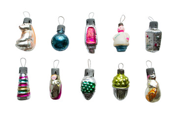 Set Vintage mini glass Soviet Christmas tree toys. Retro style Christmas ornament on white. Vintage Christmas tree toys, collecting