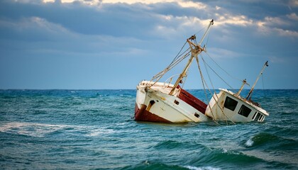 Fototapeta premium 물속에 반쯤 가라앉은 작은 배, 파도 위로 흔들리는 반파된 배의 일부