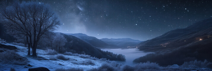 Naklejka premium Starry Winter Night in the Mountains