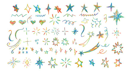 Set of colorful chalk drawing elements. Shine or sparkle, hearts and stars doodle collection. Children style rainbow wax pencil handdrawing elements . Vector crayon scratch grunge texture shapes