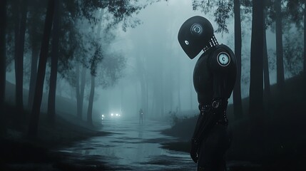 Solitary robot in misty forest.