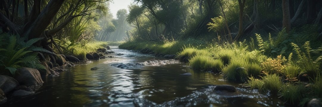 Water flowing through a narrow channel in the swamp, swamp, forest, flowing