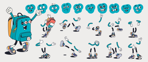 Schoolbag cartoon character with groovy comic faces set. Funny backpack mascot with bundle of love, fear, sick, smile, angry and other facial emotions, legs poses, hands gestures. Vector illustration. © alexdndz