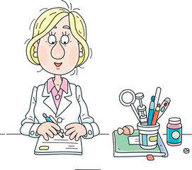 Doctor young woman working on medical documents at her desk and preparing to receive and listen to a patient in a consulting room of a hospital or polyclinic, vector cartoon illustration on white