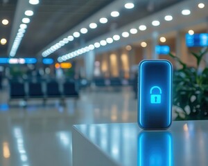 A bright airport lounge where a glowing app tracks smart lock activities, natural light enhancing the busy yet modern atmosphere